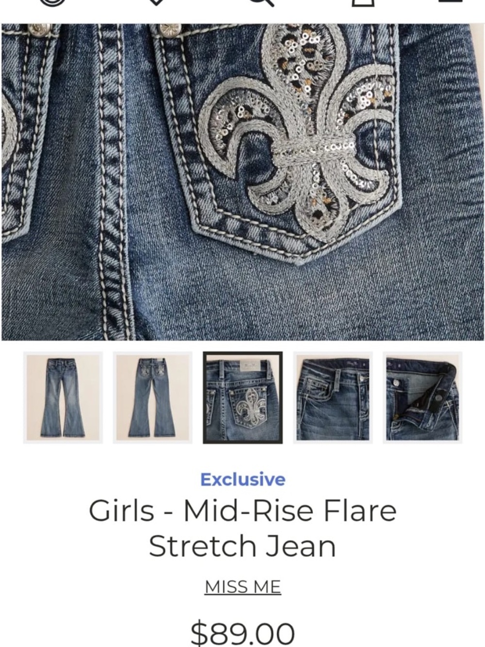 Miss Me Girls Mid-Rise Flare Jeans in Blue with Silver Sequin Fleur-de-Lis